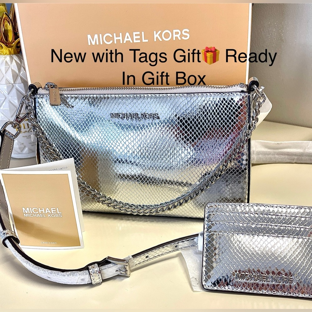 Michael Kors NWT RP$548 Set-Bag & Card Holder Shiny Silver Shoulder/Crossbody